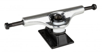 Sushi Pagoda Silver / Black Skateboard Trucks, sized at 133mm, come equipped with high-tensile steel axles and a black base. They feature a visible kingpin and durable PU 90A bushings in white.