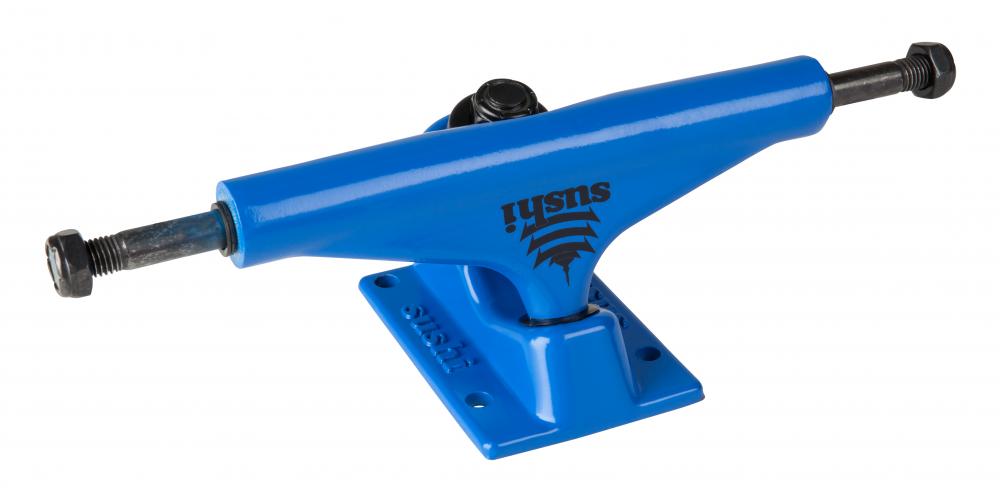 The Sushi Pagoda Blue Skateboard Truck, renowned for its durability, is designed with a black bolt and screw on each end. Slightly angled to the left, it showcases the Sushi brand name and logo in black on the side.