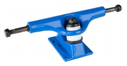 A close-up image showcasing the durable, lightweight Sushi Pagoda Blue Skateboard Trucks, measuring 133mm, with clearly visible bolts and bushings. The metal component is expertly mounted on a striking blue baseplate by Sushi, designed to attach securely to the skateboard deck.