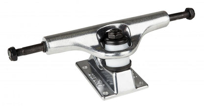 The Sushi Pagoda Silver Skateboard Trucks, crafted by the brand Sushi, boast a sleek silver metallic finish with black kingpins and are equipped with high-tensile steel axles and white bushings. These aluminium trucks, mounted at an angle on the baseplate, beautifully display their precision-engineered components.