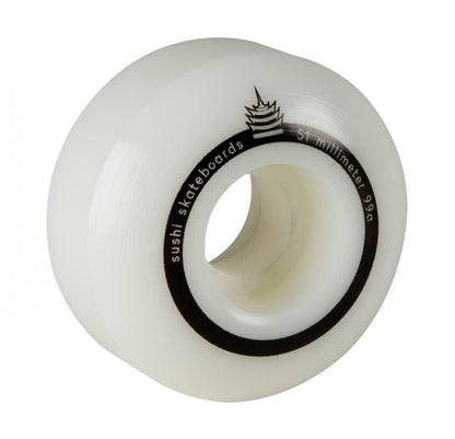 A white skateboard wheel displays the black and white Sushi Pagoda logo along with the text "Sushi Skateboards" and "54 millimeter 99A" printed around the interior edge.