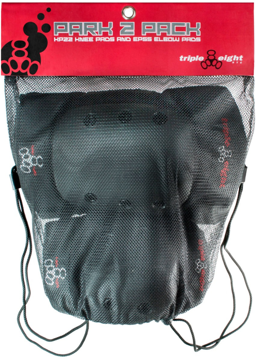 Pack of Triple 8 Park 2-Piece Elbow & Knee Skate Protection Pad Set in black, featuring durable pads with EVA memory foam. Comes with knee and elbow pads neatly stored in a mesh bag with a red label displaying the Triple 8 logo and product name.