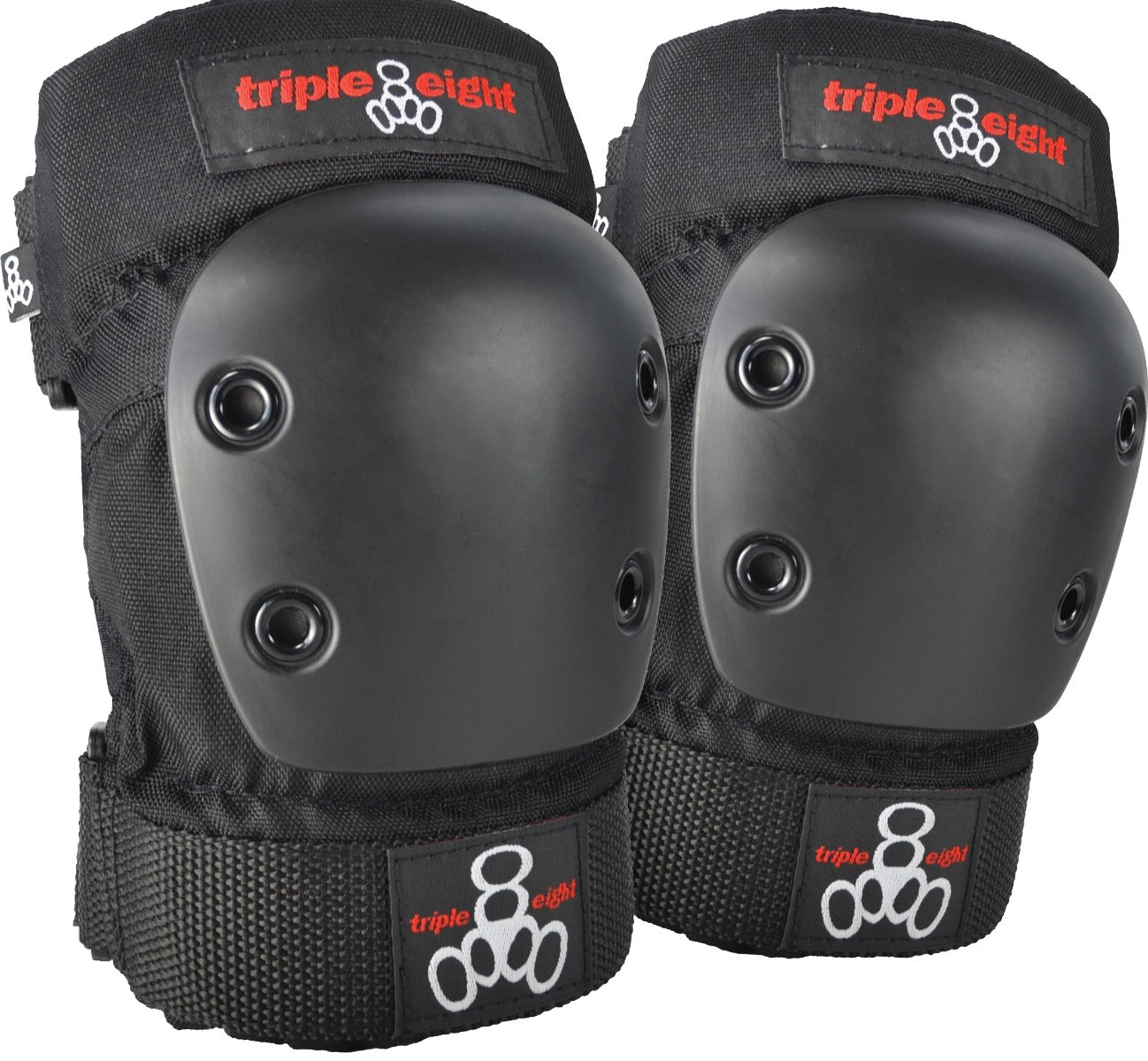 Introducing the Triple 8 Park 2-Piece Elbow & Knee Skate Protection Pad Set in black. These knee pads feature a hard plastic cap with multiple rivets and proudly display the "Triple 8" logo on the front. Designed with EVA memory foam, they're ideal for sports and activities that demand durable knee protection.