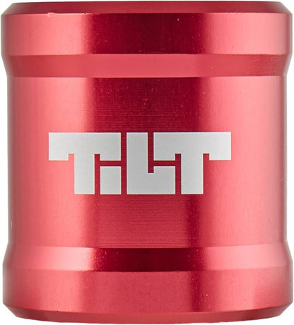 A close-up of the red metal Tilt ARC 2 Bolt Oversized Stunt Scooter Clamp, featuring "TILT" in bold white letters, showcases its smooth, matte finish.