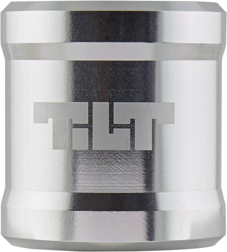 Close-up image of the Tilt ARC 2 Bolt Oversized Stunt Scooter Clamp in Chrome Silver, constructed from 6061 T6 aluminum, with the brand name "Tilt" embossed on its cylindrical surface and slightly beveled edges.