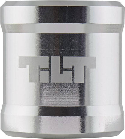 Close-up image of the Tilt ARC 2 Bolt Oversized Stunt Scooter Clamp in Chrome Silver, constructed from 6061 T6 aluminum, with the brand name "Tilt" embossed on its cylindrical surface and slightly beveled edges.