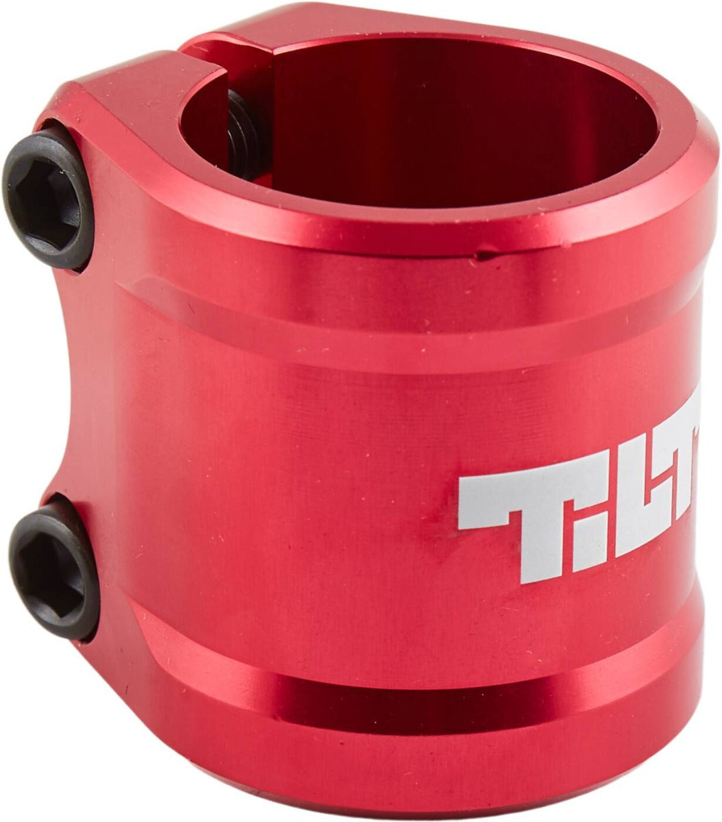 The Tilt ARC 2 Bolt Oversized Stunt Scooter Clamp in red prominently displays the brand name "TILT" in white. It is designed for HIC builds and features aluminum bars secured with two black screws to ensure reliable fastening.