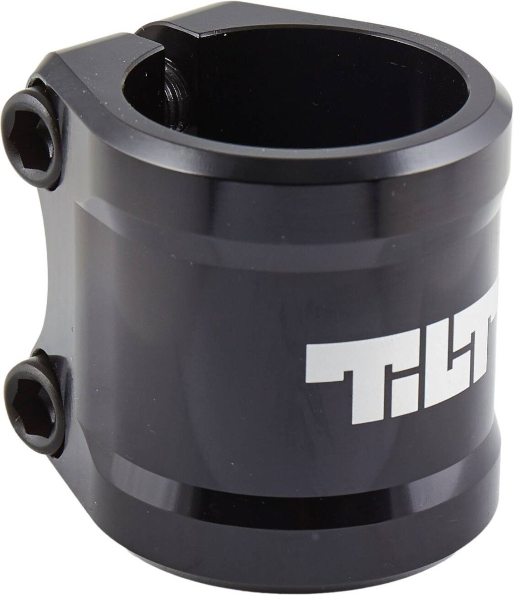 The Tilt ARC 2 Bolt Oversized Stunt Scooter Clamp in black is crafted from 6061 T6 aluminum, featuring two screws and the brand name "TILT" printed in white. This durable clamp is perfect for securing parts on scooters with oversized bars.