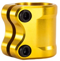 The Tilt ARC 2 Bolt Oversized Stunt Scooter Clamp, constructed from 6061 T6 aluminum, features a sleek wavy contour design with a shiny gold finish and is secured by two black M8 bolts.