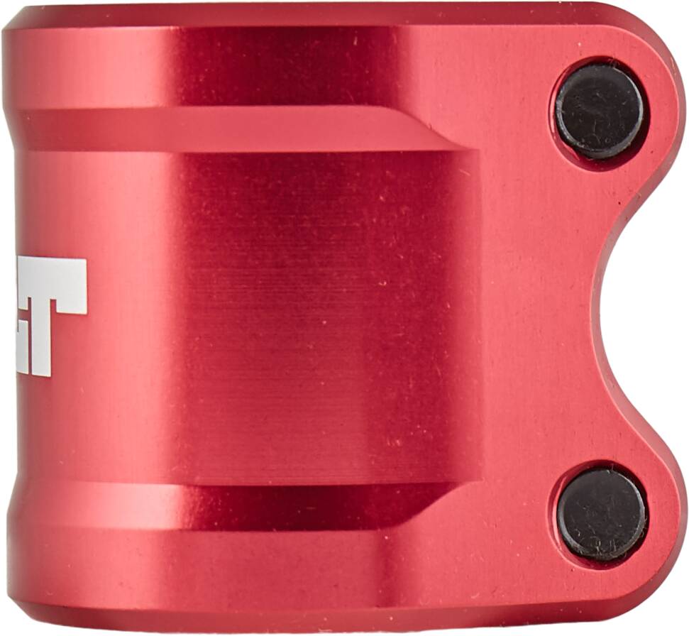 Close-up of the Tilt ARC 2 Bolt Oversized Stunt Scooter Clamp in red, showcasing its cylindrical metal design with a glossy finish. The clamp features two black screws on the right side, and a partial white logo from the Tilt brand visible on the left.