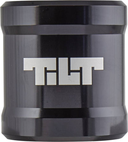 The Tilt ARC 2 Bolt Oversized Stunt Scooter Clamp - Black is a black metal cylinder made from 6061 T6 aluminium, featuring the brand name "Tilt" in bold, white letters on the front. Its grooved edges provide a textured look, making it an ideal fit for oversized bars and compatible with the Tilt ARC Oversized Double Scooter Clamp.