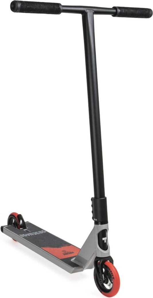 The Tilt Passage Build Pro Complete Stunt Scooter by Tilt showcases a stylish black and red design, crafted from durable 6061 aluminum. It features a T-Bar handlebar with comfortable rubber grips, while the sleek deck design is enhanced by wheels with bold red accents. Elegantly positioned at an angle against a white background, this scooter epitomizes both style and performance.