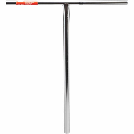 A chrome Tilt Stage I Steel Standard SCS Stunt Scooter handlebar, measuring 700mm by 610mm, features a T-shaped design crafted from 4130 Chromoly Steel. It showcases a horizontal bar and a vertical stem against a plain white background. An orange label from the brand Tilt adds an elegant touch to its polished finish near the top, enhancing its sleek design.