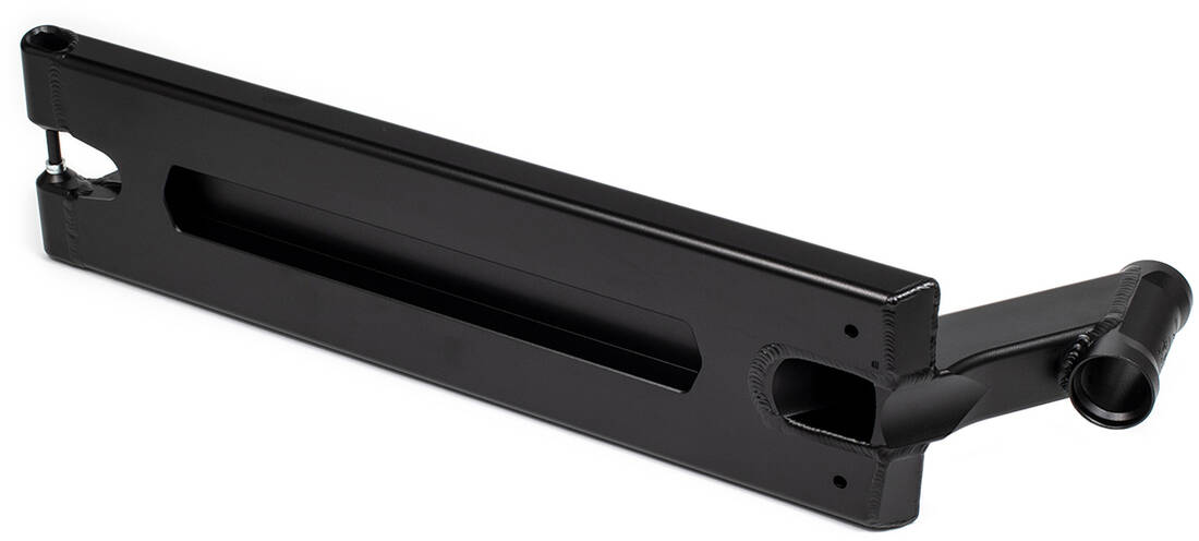 A black metal frame arm with a rectangular hollow center and rounded edges, similar to the Tilt Theory V3 Pro Black Stunt Scooter Deck by Tilt. It includes two circular attachment points on opposite ends and has a smooth, sleek surface that gives it a modern appearance, making it ideal for machinery or equipment use.