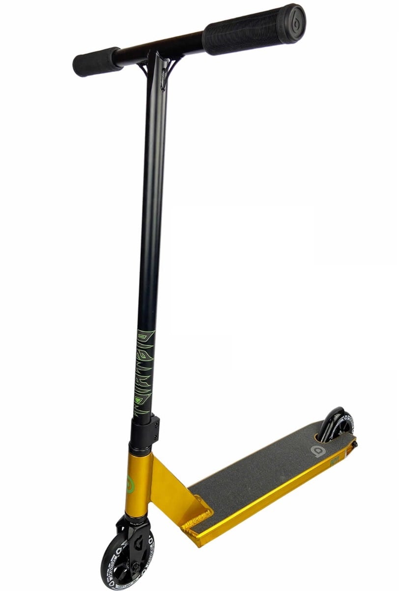 The District Titus Complete Stunt Scooter - Gold / Black, designed by District, is ideal for beginner-level riders. It boasts a black T-bar handle, black and green grips, and a gold deck. Featuring premium components such as its textured deck and multi-spoke front wheel, this scooter combines style with performance.