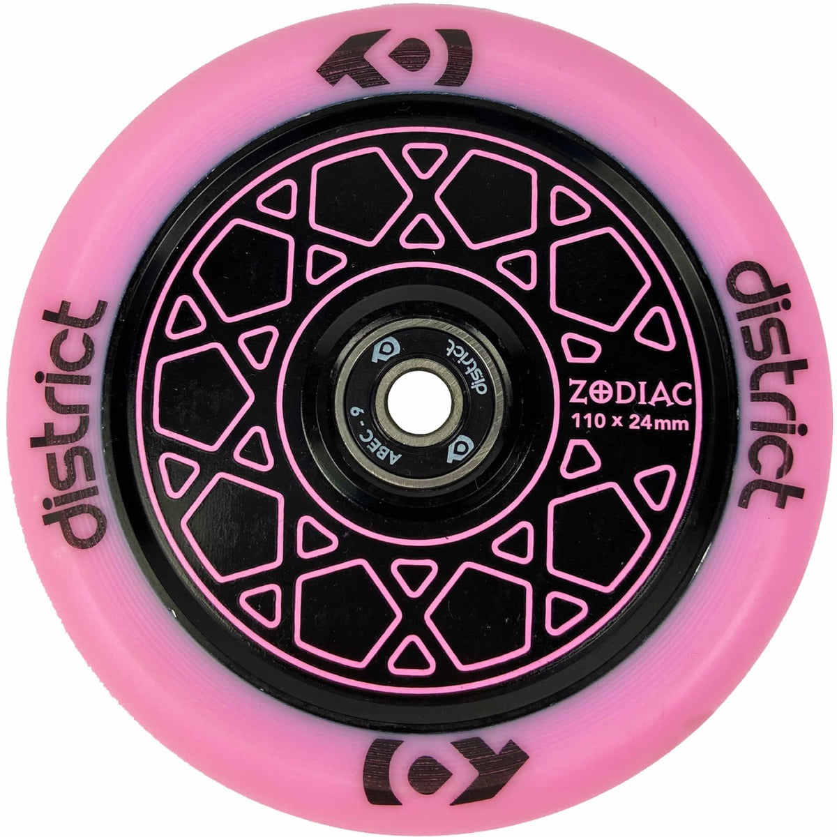 This pink scooter wheel, part of the District Zodiac 110mm Stunt Scooter Wheels collection, features a premium black hollow core with a geometric hexagonal design. It is labeled with "District Zodiac 110 x 24 mm" and includes a center black bearing marked "ABEC-9.