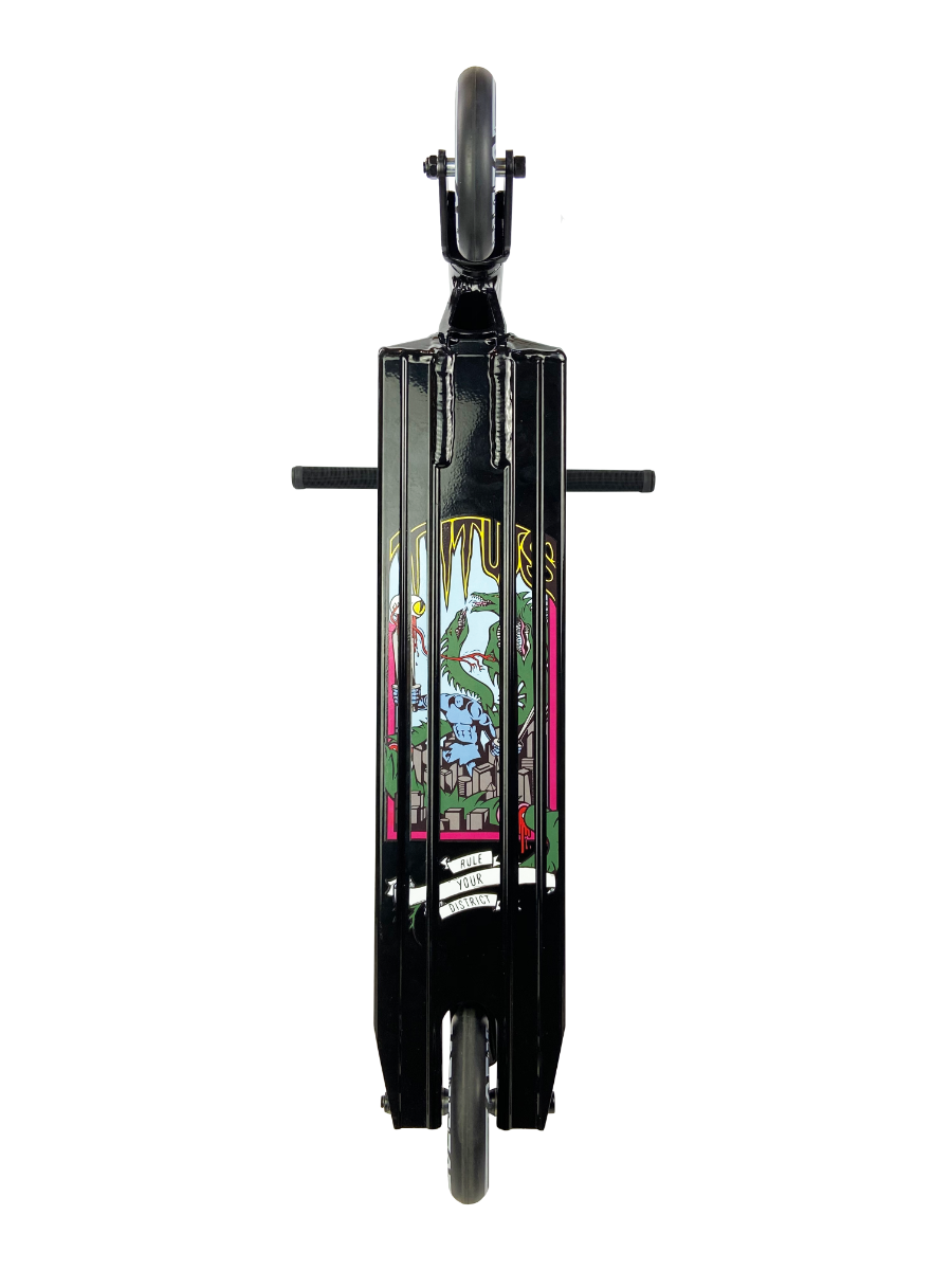 Aerial view of the District Titus Complete Stunt Scooter - Black, ideal for beginner riders, showcasing a colorful graphic with abstract shapes and patterns on the deck. This black scooter highlights premium parts, with one visible wheel at the top and handlebars extending horizontally.