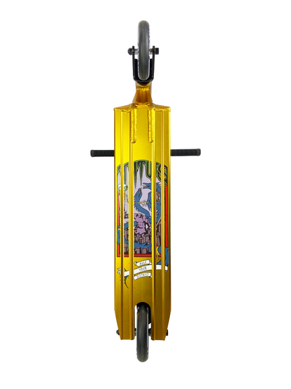 The District Titus Complete Stunt Scooter by District features high-quality components, showcasing a gold deck with vertical metal bars and a vibrant illustration of a character with a hammer. Tailored for beginner riders, it includes black handlebars and wheels, along with detailed text and designs.