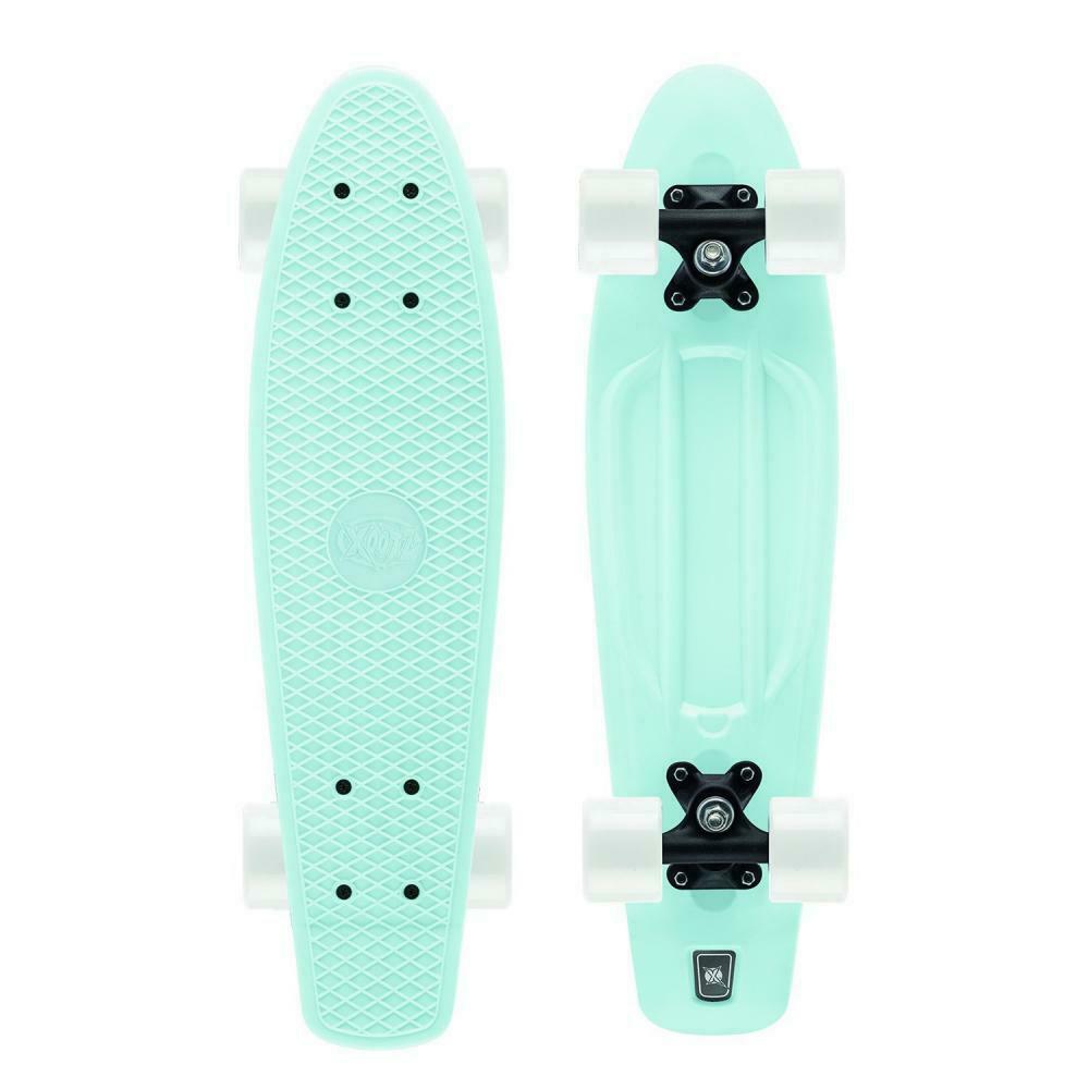 The Xootz 22" Retro Cruiser Skateboard in pastel blue is displayed from two angles: the top view showcases a textured deck with the brand logo, while the bottom view reveals the trucks and white wheels. Ideal for beginner skaters, its lightweight design guarantees easy maneuverability and style on every ride.