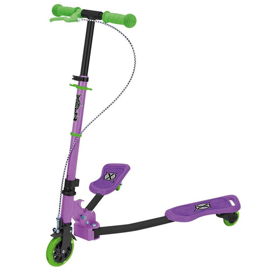 Introducing the Xootz Pulse Scissor Scooter - Toxic Purple, a striking three-wheeled wonder featuring a distinctive Y-shaped frame. This model includes two footrests and a hand brake located on the right handlebar, providing an excellent option for low-impact exercise. The scooter's primarily purple frame is beautifully accented with bright green wheels and handlebars.