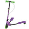 Introducing the Xootz Pulse Scissor Scooter - Toxic Purple, a striking three-wheeled wonder featuring a distinctive Y-shaped frame. This model includes two footrests and a hand brake located on the right handlebar, providing an excellent option for low-impact exercise. The scooter's primarily purple frame is beautifully accented with bright green wheels and handlebars.