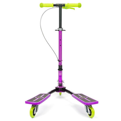 Introducing the Xootz Pulse Scissor Scooter in Toxic Purple, a vibrant creation from Xootz. This scooter features a distinctive color combination of purple and black, accompanied by green handlebars and wheels. Designed especially for kids, it boasts a unique two-footboard setup and a front brake cable. Foldable and easy to transport, this scooter offers an enjoyable, low-impact exercise experience while standing out against its white background display.