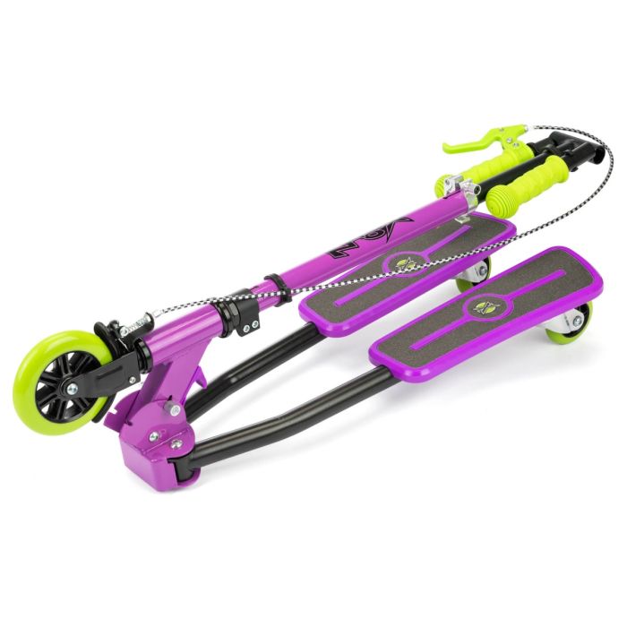 The Xootz Pulse Scissor Scooter in Toxic Purple showcases dual footboards for a one-of-a-kind ride. It features striking green wheels and handlebars wrapped with green grips. This foldable scooter provides low-impact exercise, and an elegantly connected brake cable to the front wheel ensures smooth stops.