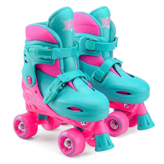 The Xootz Kids Adjustable Quad Roller Skates in vibrant pink and teal are perfect for children. Each skate is designed with four wheels and features buckle straps, offering affordability, safety, and sturdiness for exciting adventures.