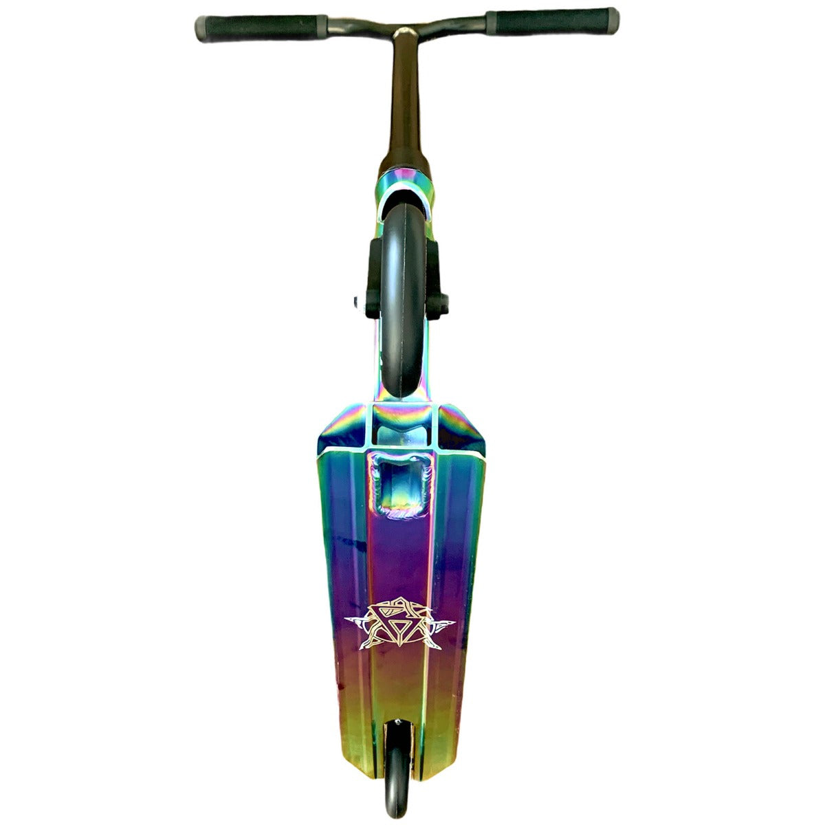 Front view of the Revolution Storm Complete Stunt Scooter - Neochrome by Revolution, showcasing a sleek design with a metallic rainbow finish and hollow core wheels. It features a central wheel, black handlebars, and geometric patterns on the body. The scooter is isolated on a white background.