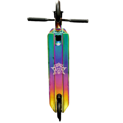 Here’s a rephrased version using the provided product data:

A top view of the Revolution Storm Complete Stunt Scooter by Revolution showcases its vibrant neochrome metallic storm deck adorned with a star emblem. The deck's colors transition smoothly between gold, green, and purple. The scooter is completed with black handlebars and hollow core wheels, offering a striking contrast to its colorful deck.