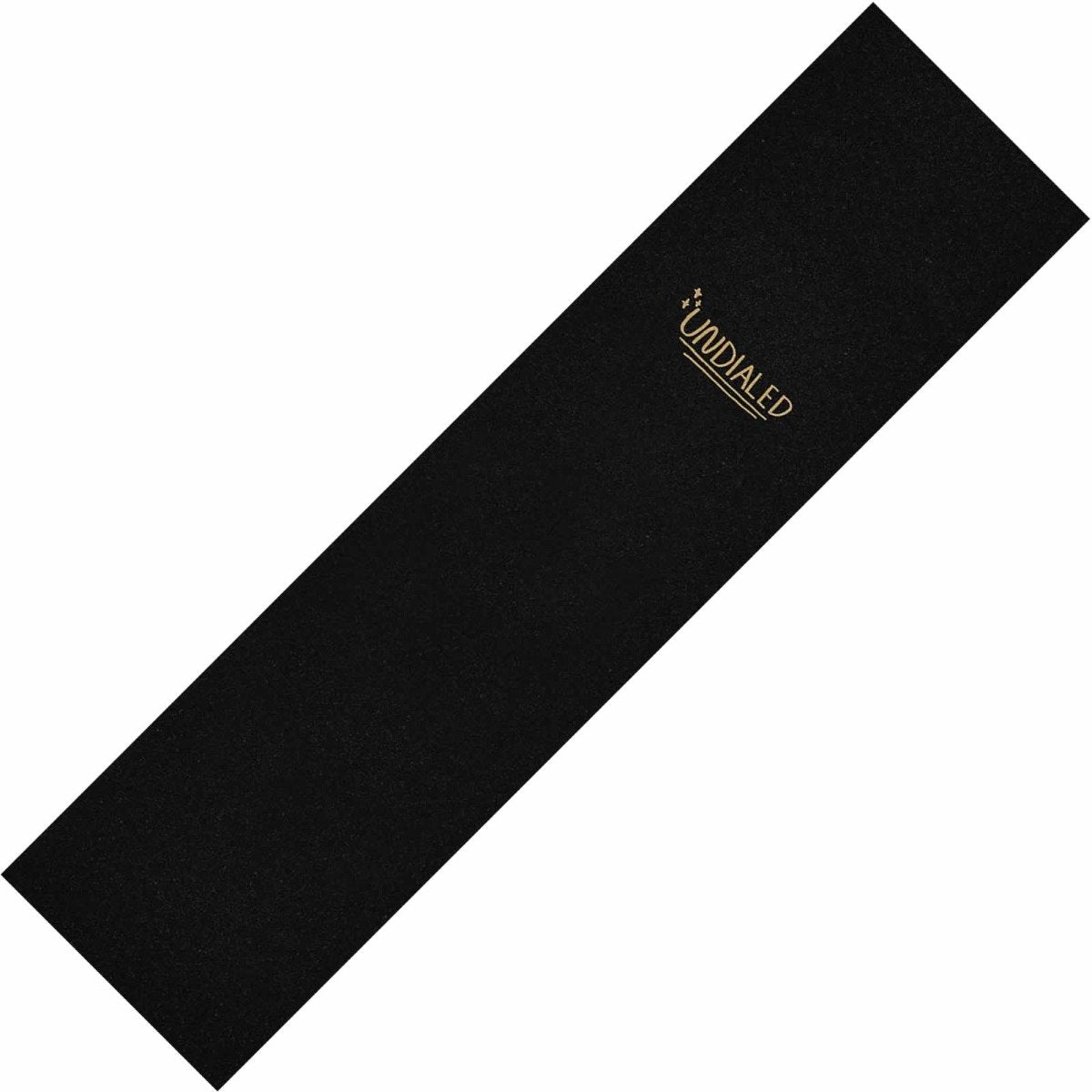 A black Undialed Stunt Scooter Griptape - Sparkle featuring the word "UNDIALED" in gold letters on the top right corner. It has a coarse texture for optimal traction, making it perfect for enhancing your scooter decks.