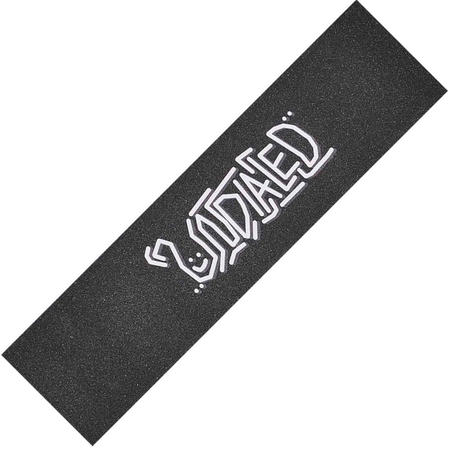 Introducing the Undialed Stunt Scooter Griptape - Script: This rectangular black grip tape features "Loading" in stylized white letters at its center. With its gritty surface, it ensures a secure grip for every ride, making it an ideal enhancement for both skateboard and scooter decks.