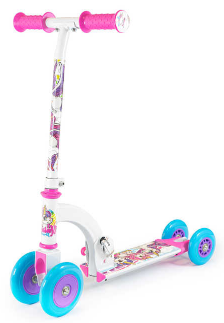 The Ozbozz My First Foldable Kids Scooter - Unicorn is a vibrant three-wheeled scooter for kids, featuring pink handlebars, a white frame decorated with cartoon graphics, and bright blue and pink wheels.