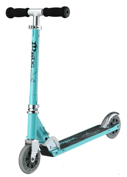 The JD Bug Classic Street 120 Kids Foldable Scooter in Matt Teal showcases a lightweight and foldable design. It comes equipped with foam handle grips, adjustable handlebars, silver wheels, and a black deck featuring illustrations along with the "JD Bug" branding on the stem.