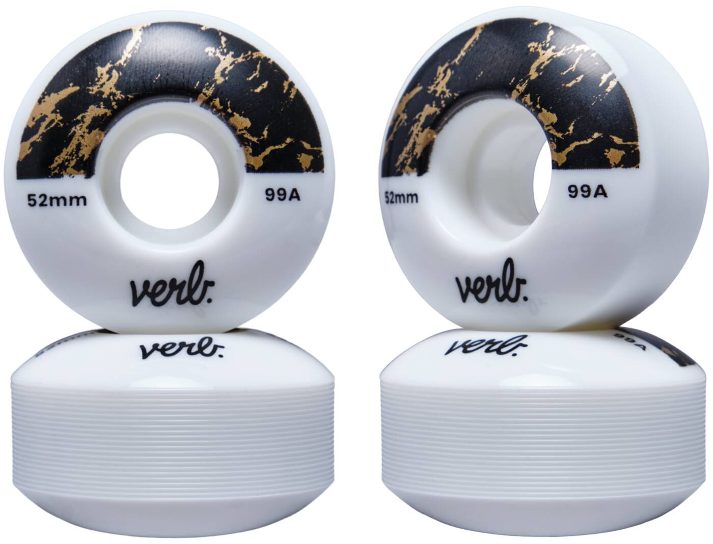 The Verb Dip 52mm 99A Skateboard Wheels - Marble Black feature a black and gold marble dip design with the "Verb" branding. This set of four white wheels has two standing upright and two stacked. Made from high-rebound urethane, these wheels are marked with "52mm" for their size and "99A" for their hardness, ensuring an optimal ride.