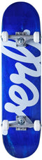 Introducing the Verb Script Blue Complete Skateboard, measuring 8" x 31.7", perfect for beginners. This skateboard features a vivid blue color, enhanced by its glossy finish and double kicktail for added style and durability. Its deck is made from 7-ply hard rock maple and showcases a striking diagonal "Enjoy" script design in white. Complemented with white wheels and trucks, this skateboard offers both aesthetic appeal and reliability for new riders.