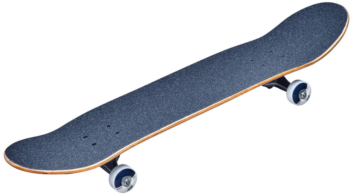 The Verb Script Blue Complete Skateboard - 8" x 31.7" showcases its double kicktail design and sturdy build with a textured deck made from durable 7-ply hard rock maple, displayed at an angle that highlights its structure against a white background.