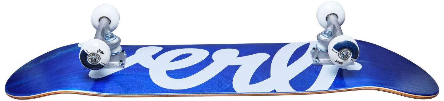 Introducing the Verb Script Blue Complete Skateboard - 8" x 31.7", designed for beginners. It features a deck crafted from 7-ply hard rock maple, adorned with a large, partially visible white script design. The skateboard boasts white trucks and wheels, along with a double kicktail for improved performance.