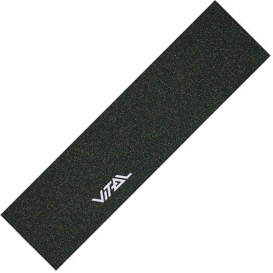 Introducing the Vital Glitter Stunt Scooter Griptape in Green—a rectangular grip tape with a distinctive rough texture that suits any deck perfectly. Featuring the word "VITAL" prominently displayed in white letters diagonally across its surface, this grip tape is a standout addition to Vital's collection. Add some sparkle to your ride with this glittery and stylish design.