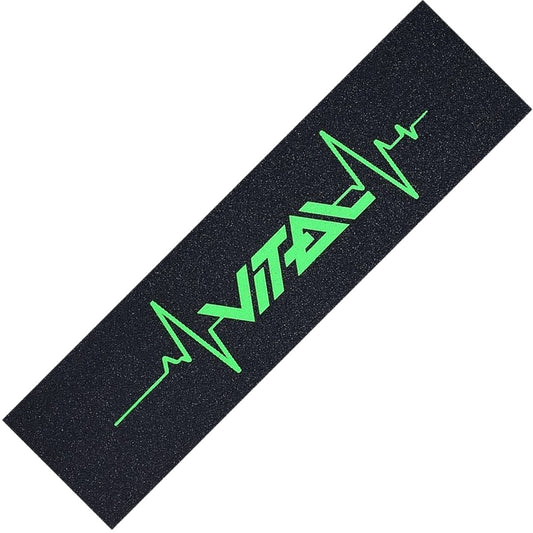 Introducing the Vital Heartbeat Stunt Scooter Griptape - Green: a sleek black design with "VITAL" in vivid green, complemented by a distinctive heartbeat line pattern. Ideal for enhancing your scooter deck grip!