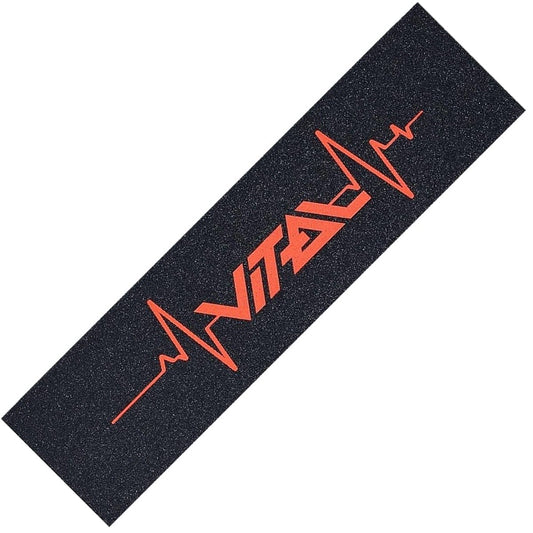 The Vital Heartbeat Stunt Scooter Griptape showcases a bold design, with "VITAL" in striking red letters against a black rectangular surface, ideal for large decks. A vivid red heartbeat line extends from the "V" to the "L," creating an iconic look closely associated with Vital Scooters.