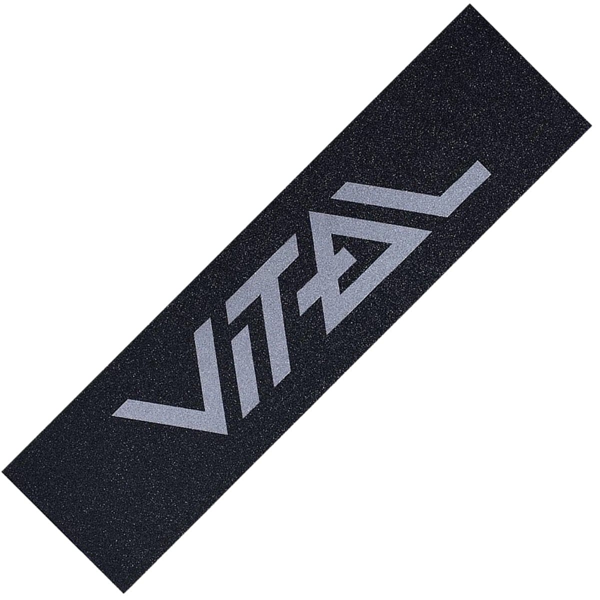 The Vital Logo Stunt Scooter Griptape - Reflect is a black sheet designed for deck enthusiasts, showcasing the word "VITAL" in bold, stylized white letters at an angle. Ideal for those who appreciate the distinctive style from Vital.