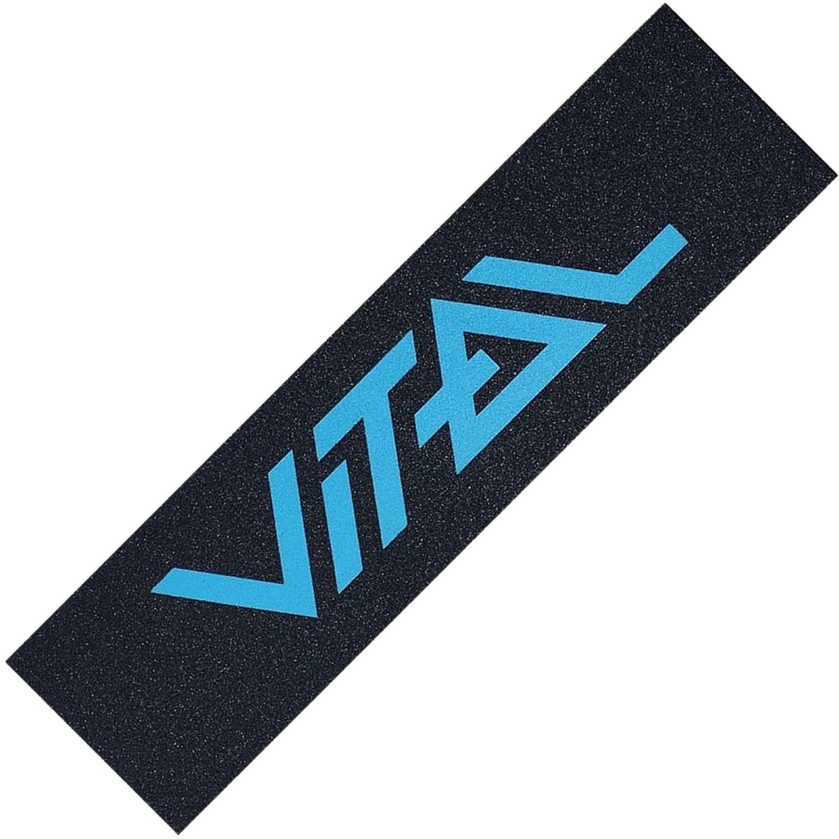 The Vital Logo Stunt Scooter Griptape, offered by Vital, comes in black and showcases the word "VITAL" prominently printed in bold teal letters. The logo griptape features stylized characters with dynamic angles, infusing your deck with an energetic vibe.