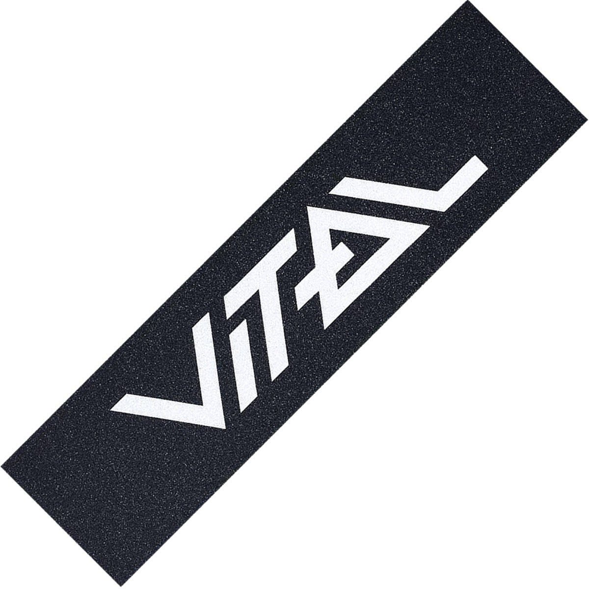 The Vital Logo Stunt Scooter Griptape - White, measuring 23 x 6 inches, features a bold white "VITAL" logo and a stylized "A" shaped like an arrow on a black background, making it an ideal choice for your deck. This griptape from Vital combines style and functionality for riders.