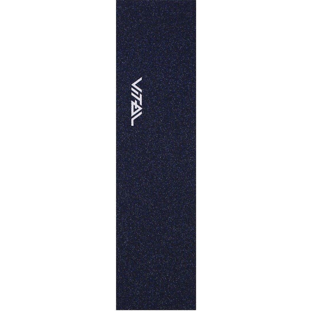 A blue Vital Glitter Stunt Scooter Griptape featuring a subtle, glittery speckled pattern and a white brand logo positioned vertically near the center—perfect for adding style to your Vital Scooters collection.