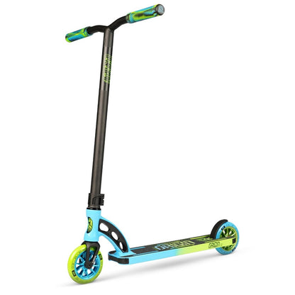 Introducing the Madd Gear MGP VX Origin Pro Complete Stunt Scooter, a lightweight scooter in captivating blue and lime green hues. It features a black handlebar and wheels, with the deck showcasing striking graphics and handles wrapped in vibrant green grips. Its sleek, modern design makes it ideal for performing tricks.