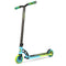 Introducing the Madd Gear MGP VX Origin Pro Complete Stunt Scooter, a lightweight scooter in captivating blue and lime green hues. It features a black handlebar and wheels, with the deck showcasing striking graphics and handles wrapped in vibrant green grips. Its sleek, modern design makes it ideal for performing tricks.