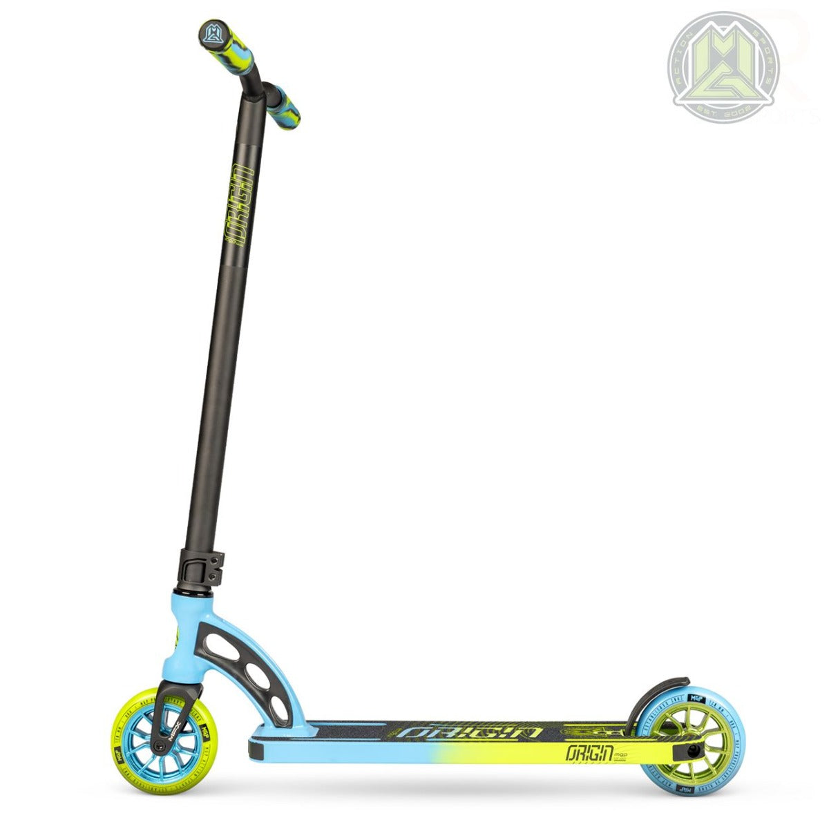 The Madd Gear MGP VX Origin Pro Complete Stunt Scooter features a vibrant blue and lime green design, complemented by a black handlebar with green grips. This lightweight deck is adorned with dynamic graphics and includes a fender brake on the rear wheel, showcasing the Madd Gear logo prominently on the top right corner.