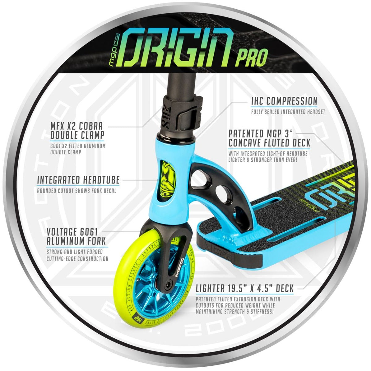 An infographic in circular format highlights the distinctive features of the Madd Gear (MGP) VX Origin Pro Complete Stunt Scooter - Blue / Lime Green, including its MFX X2 Cobra double clamp and integrated headset. This lightweight scooter is equipped with a 6061 aluminum fork, a lighter deck, and an MGP 3° concave fluted deck, all presented in a striking blue with neon lime green accents.