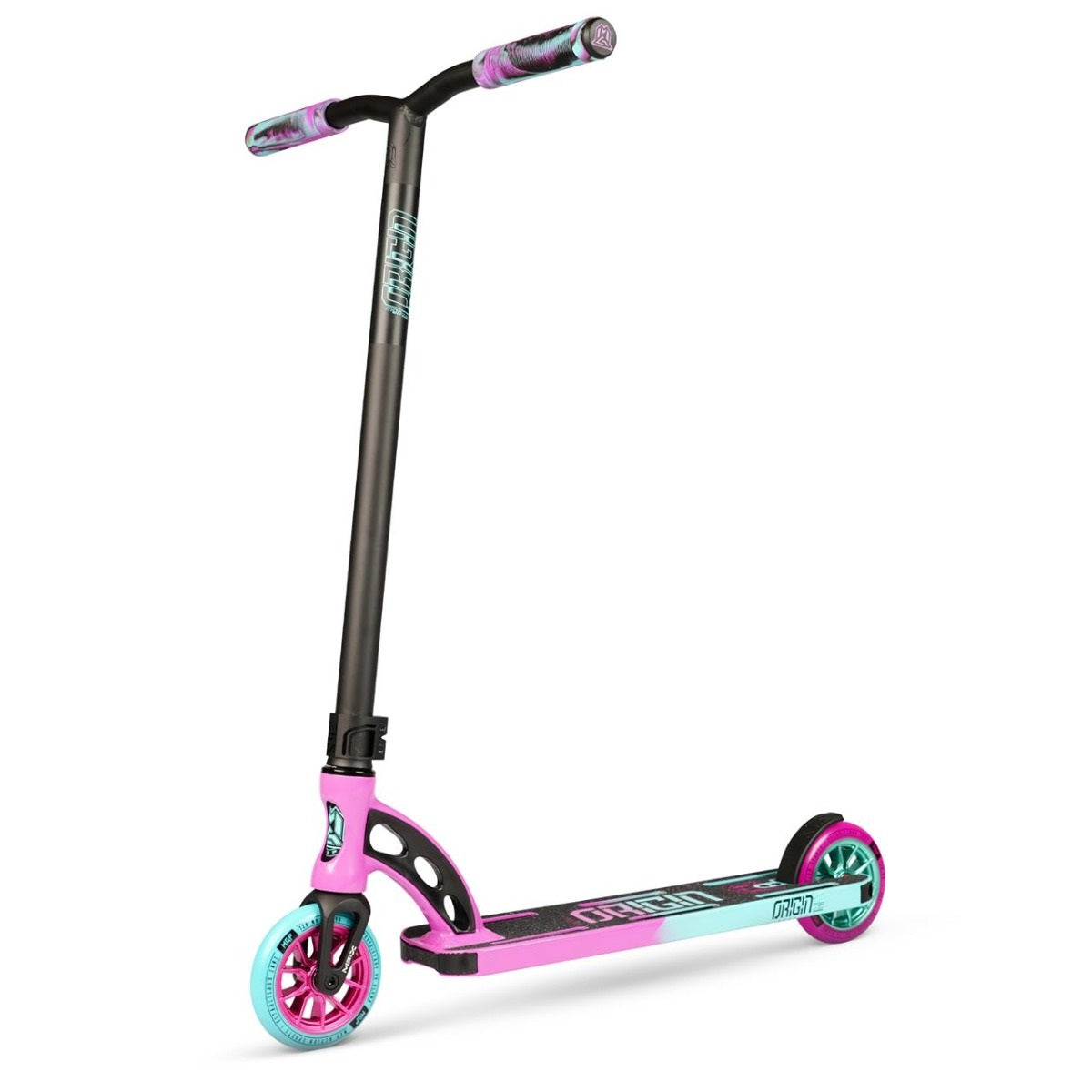 The Madd Gear MGP VX Origin Pro Complete Stunt Scooter showcases a vibrant pink and teal blue design, complemented by a sleek black handlebar and deck. This lightweight scooter is engineered for dynamic performance, making it ideal for executing durable stunts and tricks.